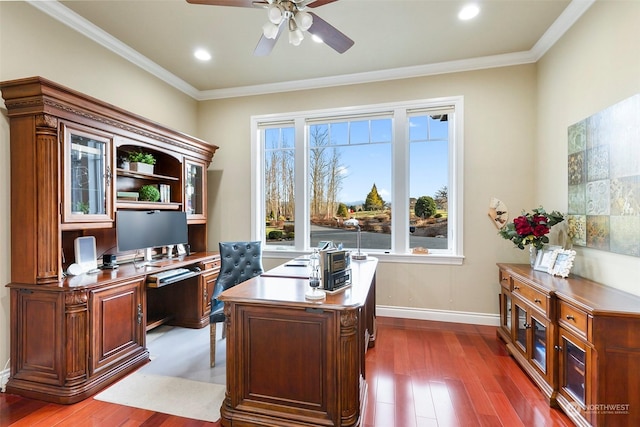 office area featuring crown molding, ceiling fan, and dark wood-type flooring