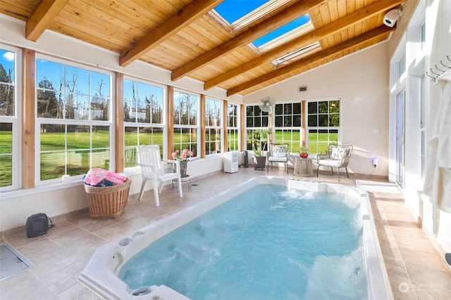 view of pool featuring pool water feature, a jacuzzi, and a skylight