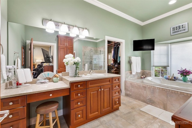 bathroom featuring vanity, tile patterned flooring, ornamental molding, and shower with separate bathtub