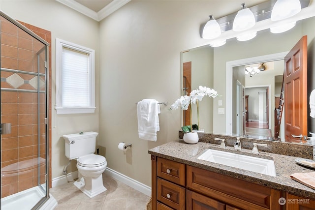 bathroom with crown molding, a shower with door, vanity, tile patterned floors, and toilet