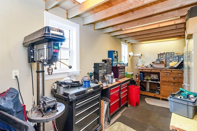 basement with a workshop area and a wealth of natural light