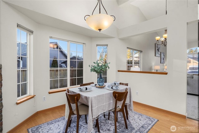 dining area featuring wood-type flooring and a chandelier