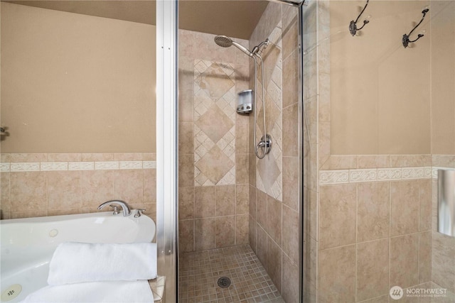 bathroom with shower with separate bathtub