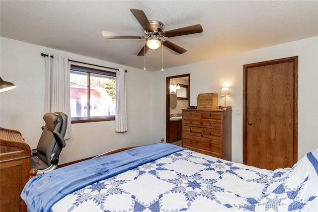 bedroom with connected bathroom and ceiling fan