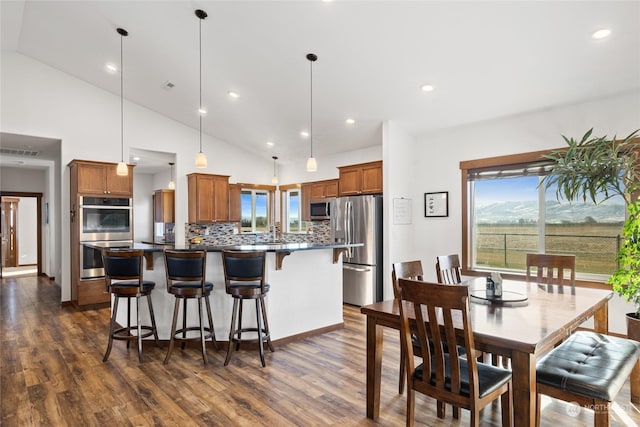 dining space with sink, high vaulted ceiling, and dark hardwood / wood-style floors