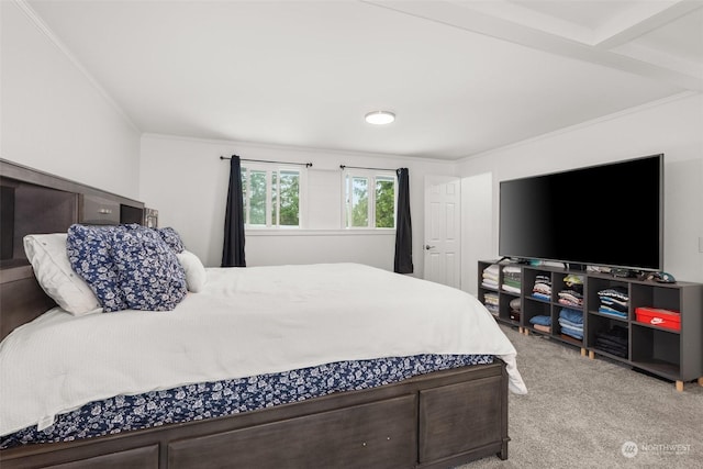 bedroom with light colored carpet and ornamental molding