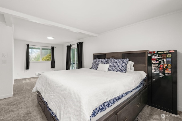 carpeted bedroom featuring beam ceiling and baseboard heating