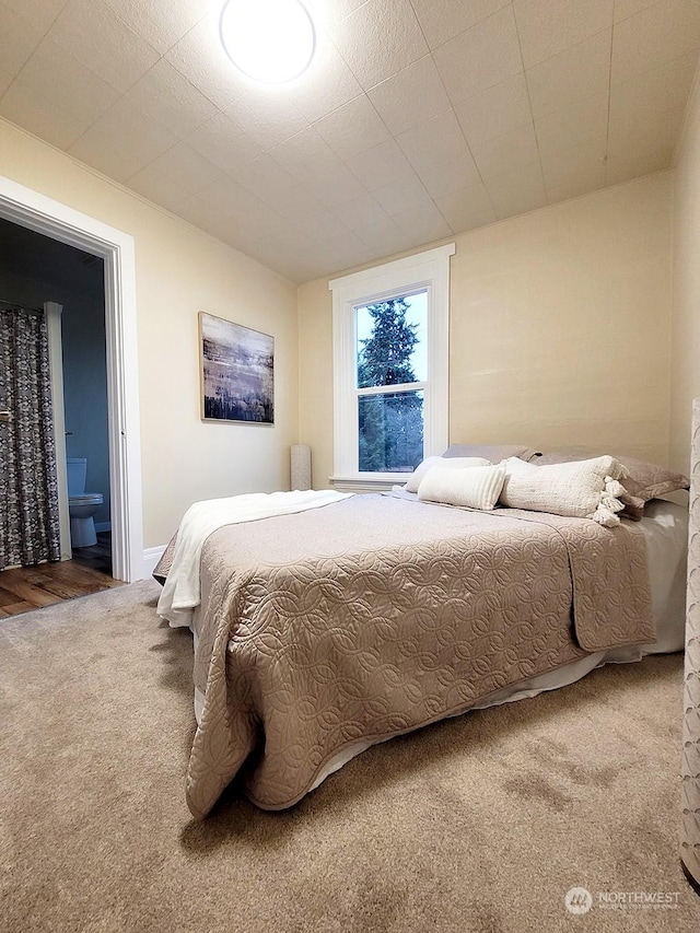 carpeted bedroom featuring connected bathroom