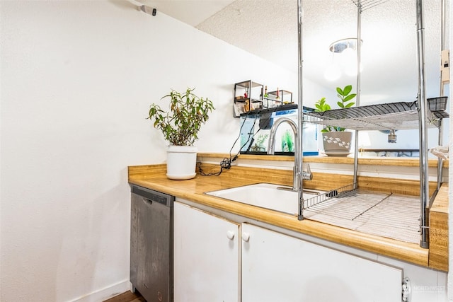 room details with sink, stainless steel dishwasher, and a textured ceiling