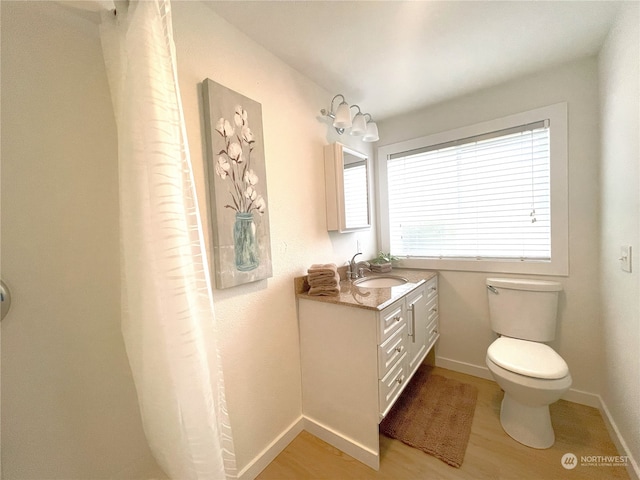 bathroom featuring vanity, plenty of natural light, wood-type flooring, and toilet