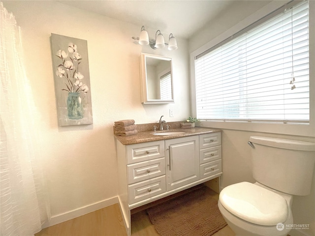 bathroom featuring wood-type flooring, toilet, and vanity