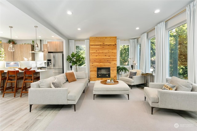 living room with a fireplace and light hardwood / wood-style floors