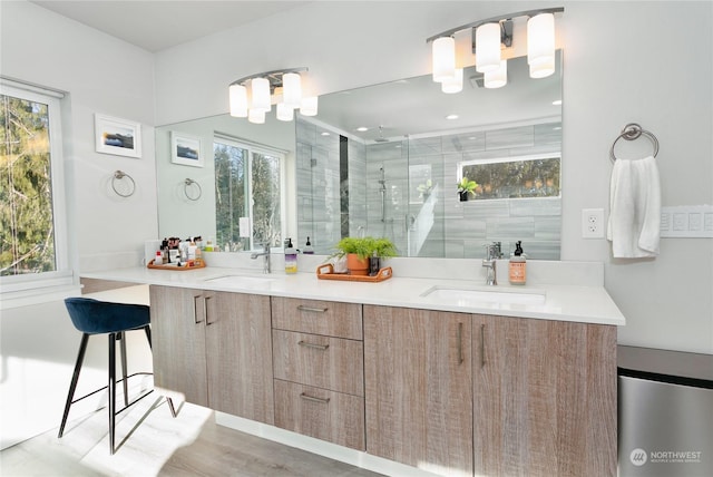 bathroom featuring vanity, plenty of natural light, and an enclosed shower