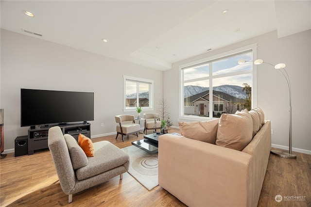 living room featuring light wood finished floors, a mountain view, and baseboards