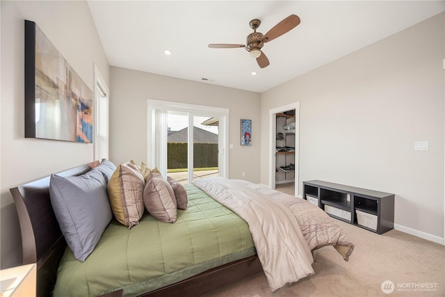 carpeted bedroom featuring recessed lighting, visible vents, ceiling fan, access to outside, and baseboards