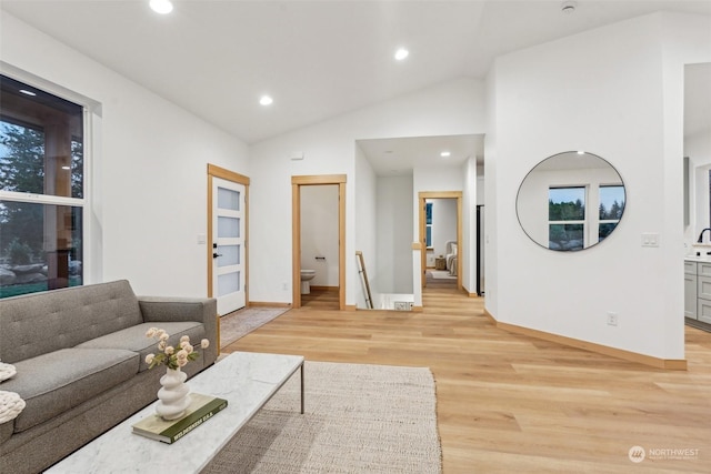 living room featuring high vaulted ceiling and light hardwood / wood-style flooring