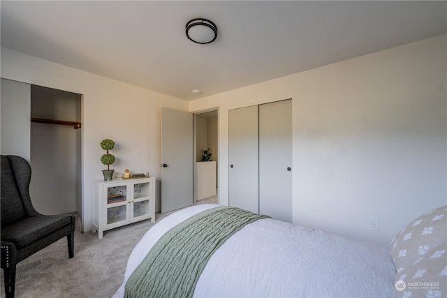 bedroom featuring light colored carpet and a closet