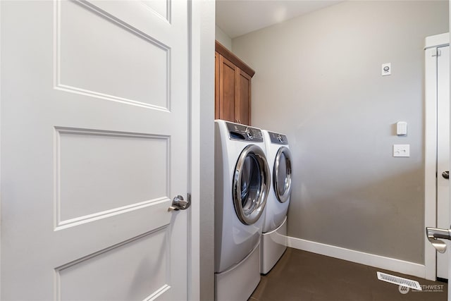 laundry area featuring cabinets and washer and clothes dryer