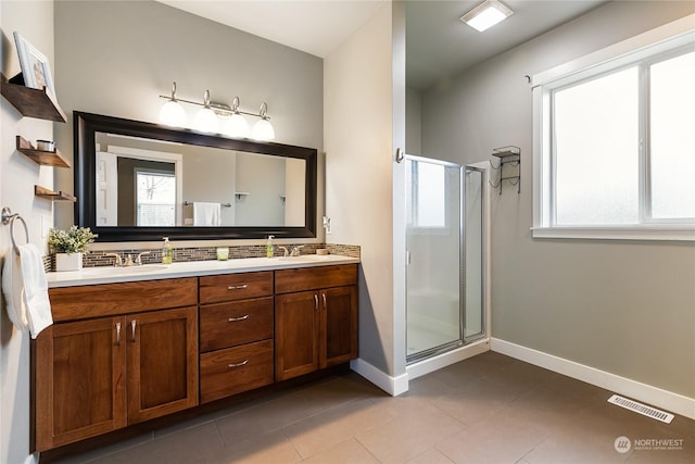 bathroom with vanity, an enclosed shower, and a wealth of natural light