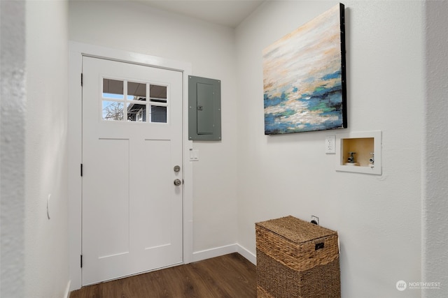 entryway with dark wood-type flooring and electric panel