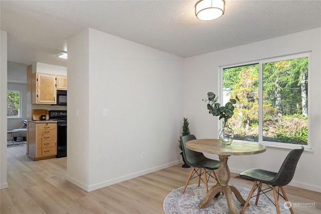 dining area featuring light hardwood / wood-style flooring and a textured ceiling