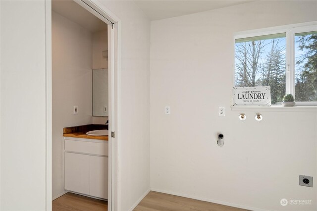 laundry area with sink, light hardwood / wood-style flooring, and electric dryer hookup