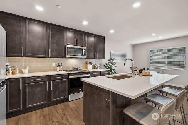 kitchen with stainless steel appliances, light countertops, a sink, and a kitchen island with sink