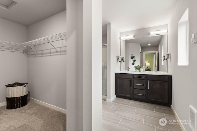 full bathroom with a sink, a spacious closet, baseboards, and double vanity