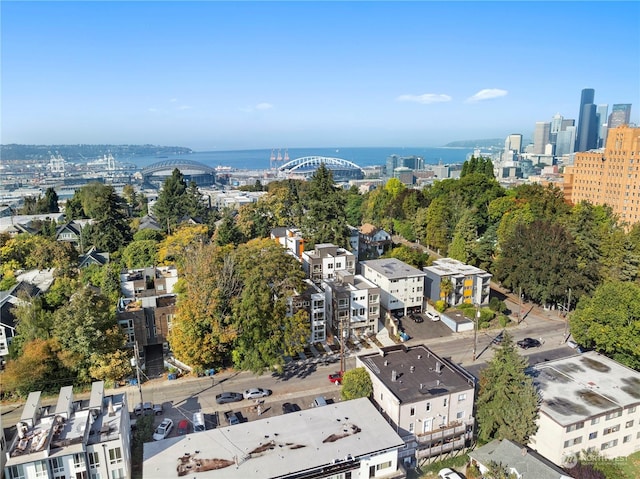 drone / aerial view featuring a water view