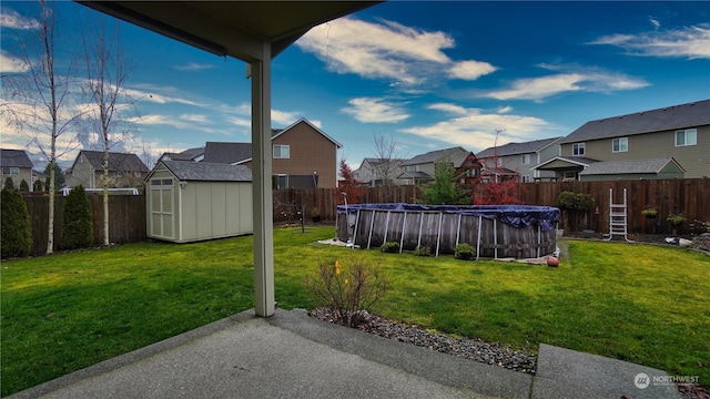 view of yard with a covered pool and a shed