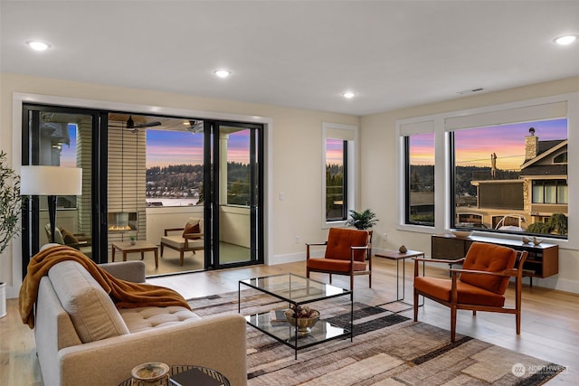 living room with plenty of natural light and light hardwood / wood-style floors