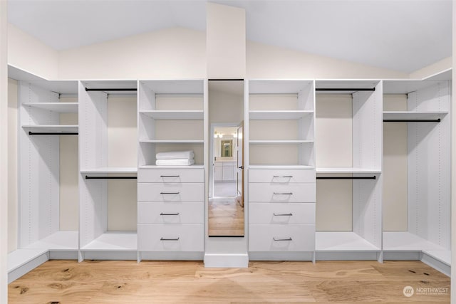 spacious closet featuring vaulted ceiling and light hardwood / wood-style flooring