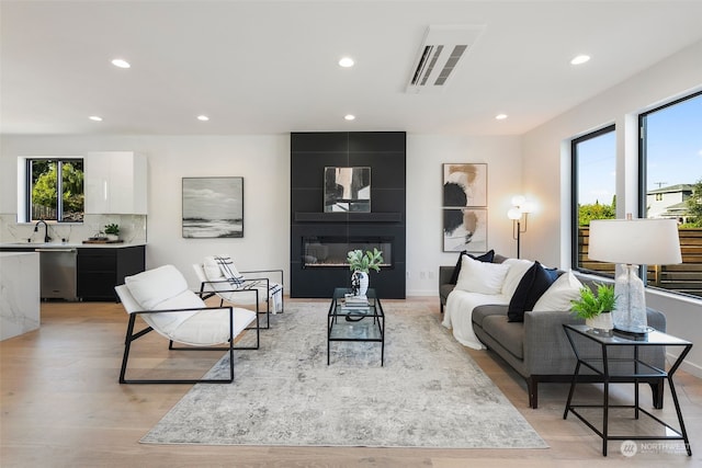 living room with sink, a fireplace, and light wood-type flooring