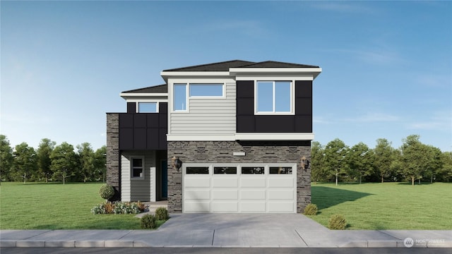 modern home featuring a garage and a front lawn