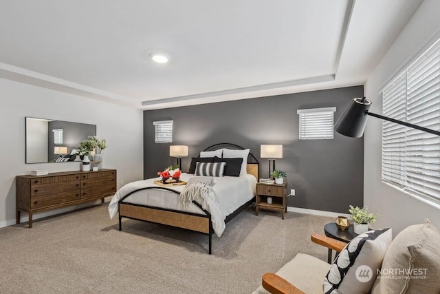 carpeted bedroom featuring a raised ceiling