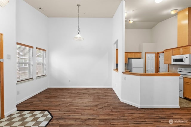 kitchen with white appliances, dark hardwood / wood-style floors, decorative light fixtures, and high vaulted ceiling