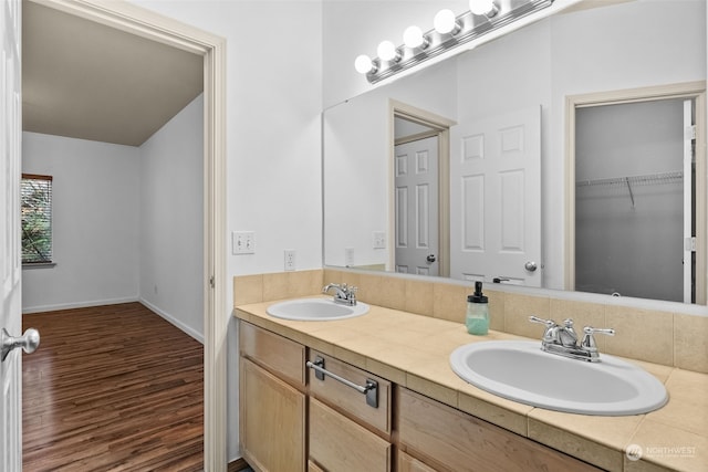 bathroom with hardwood / wood-style flooring and vanity