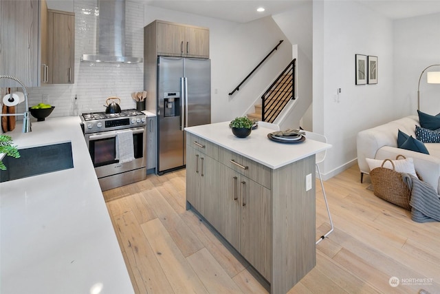 kitchen with wall chimney exhaust hood, a kitchen island, stainless steel appliances, light hardwood / wood-style floors, and decorative backsplash