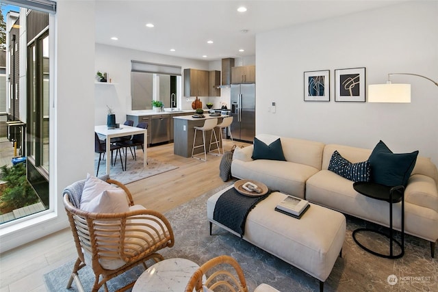 living room featuring sink and light wood-type flooring