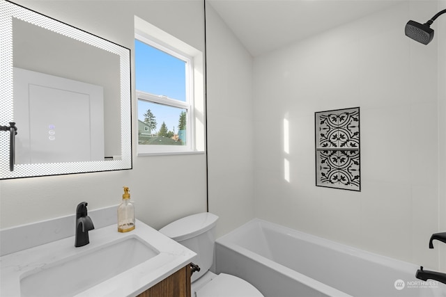 full bathroom featuring bathtub / shower combination, vanity, and toilet