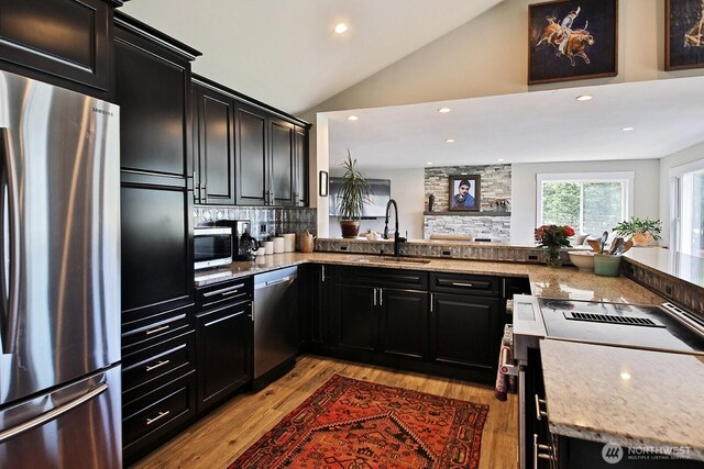 kitchen with dark cabinets, stainless steel appliances, lofted ceiling, and a sink