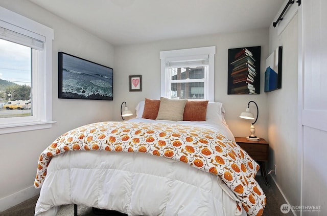 bedroom with a barn door and baseboards