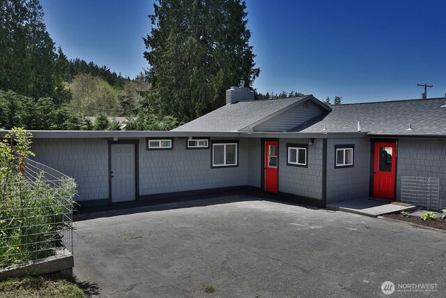 view of front of property with a chimney and roof with shingles