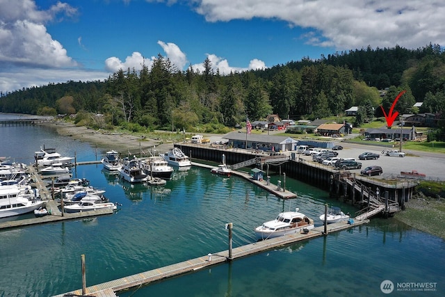 view of dock with a view of trees and a water view