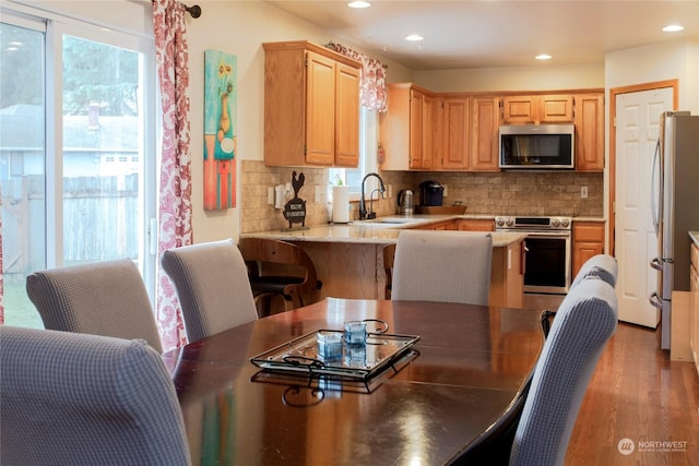 kitchen featuring stainless steel appliances, plenty of natural light, sink, and kitchen peninsula