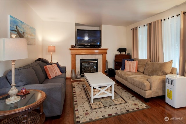 living room featuring a fireplace and dark hardwood / wood-style flooring