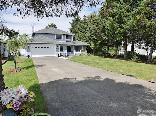 view of front of home featuring a garage, a front yard, and covered porch