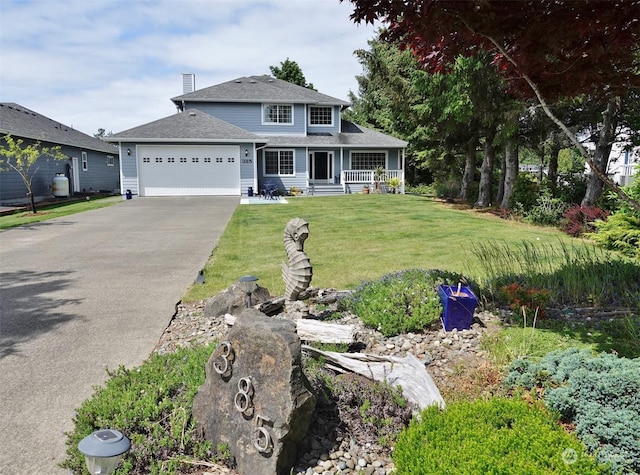 view of front of property with a garage and a front lawn