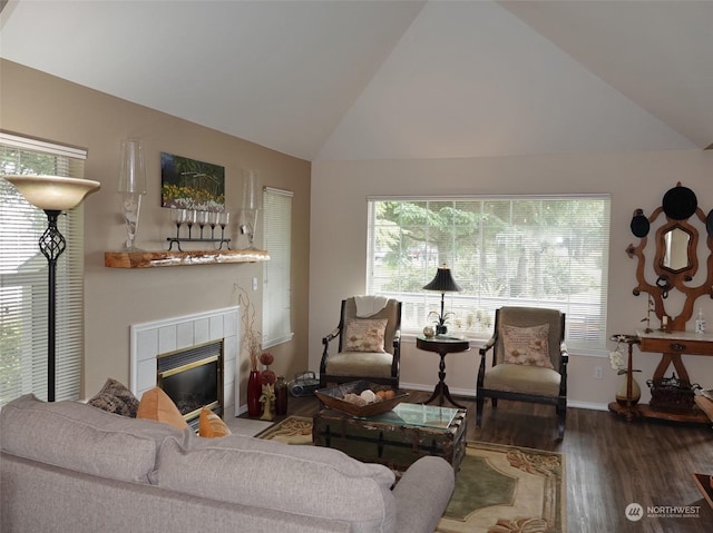 living room with lofted ceiling, a fireplace, and hardwood / wood-style floors