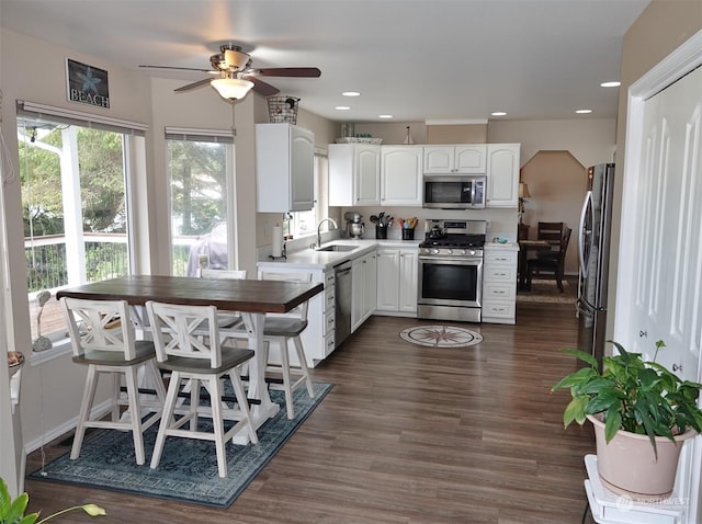 kitchen with sink, dark wood-type flooring, stainless steel appliances, and white cabinets